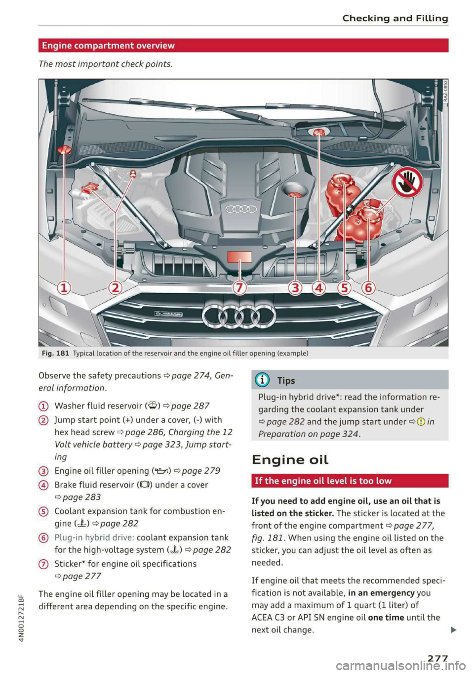 AUDI A8 2021  Owners Manual 4N0012721BF 
Checking and Filling 
  
  
Engine compartment overview 
The most important check points. 
  
  
  
Fig. 181 Typical location of the reservoir and the engine oil filler opening (example) 