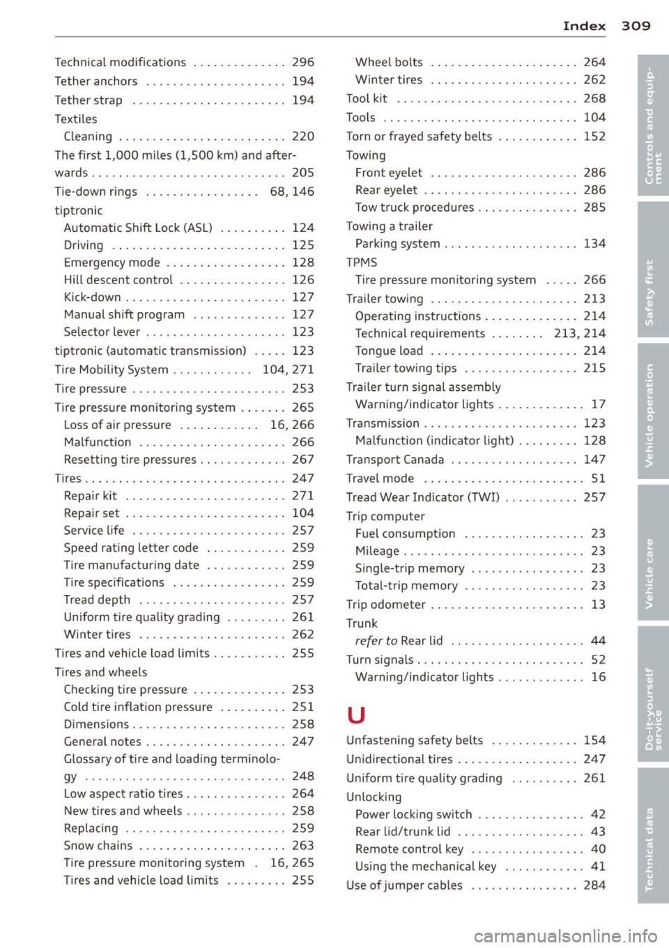 AUDI Q5 2014  Owners Manual Technical modifications  ..... .. .. .. .. .  296 
Tether  anchors  ............... ... ...  194 
T ether  strap  . ............. .... .. .. .  194 
Textiles  Cleaning  ... .... .. .... ... .. .. .. .