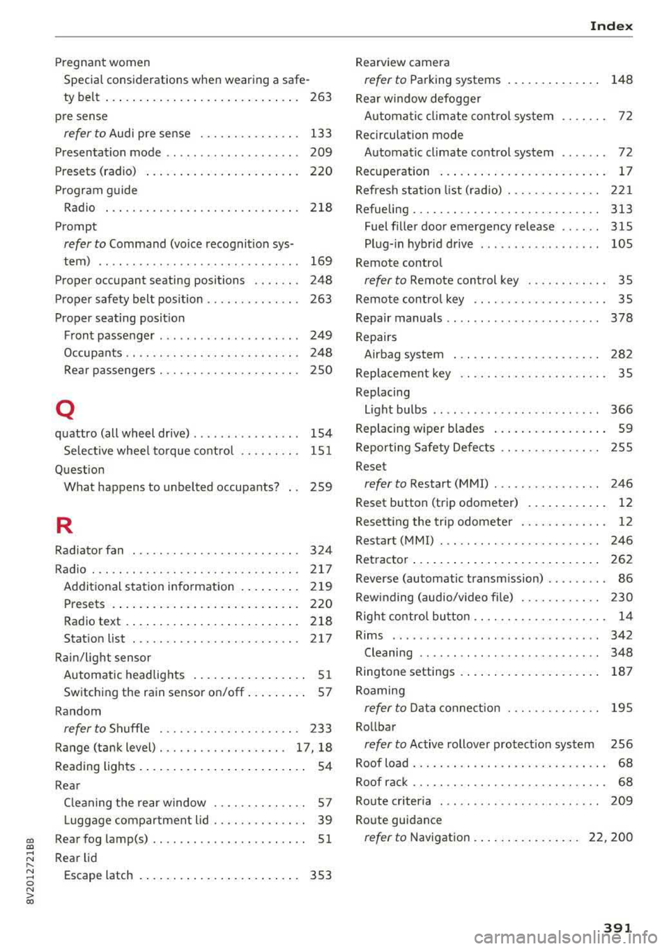 AUDI S3 SEDAN 2017  Owners Manual CXl  CXl 
Pregnant women 
Special consid erations  when  w earing  a safe-
ty  belt  . . .  . .  . .  . .  . . .  .  . . . .  . . .  . .  . .  . .  . .  .  263 
pre sense 
refer  to Audi  pre sense  .