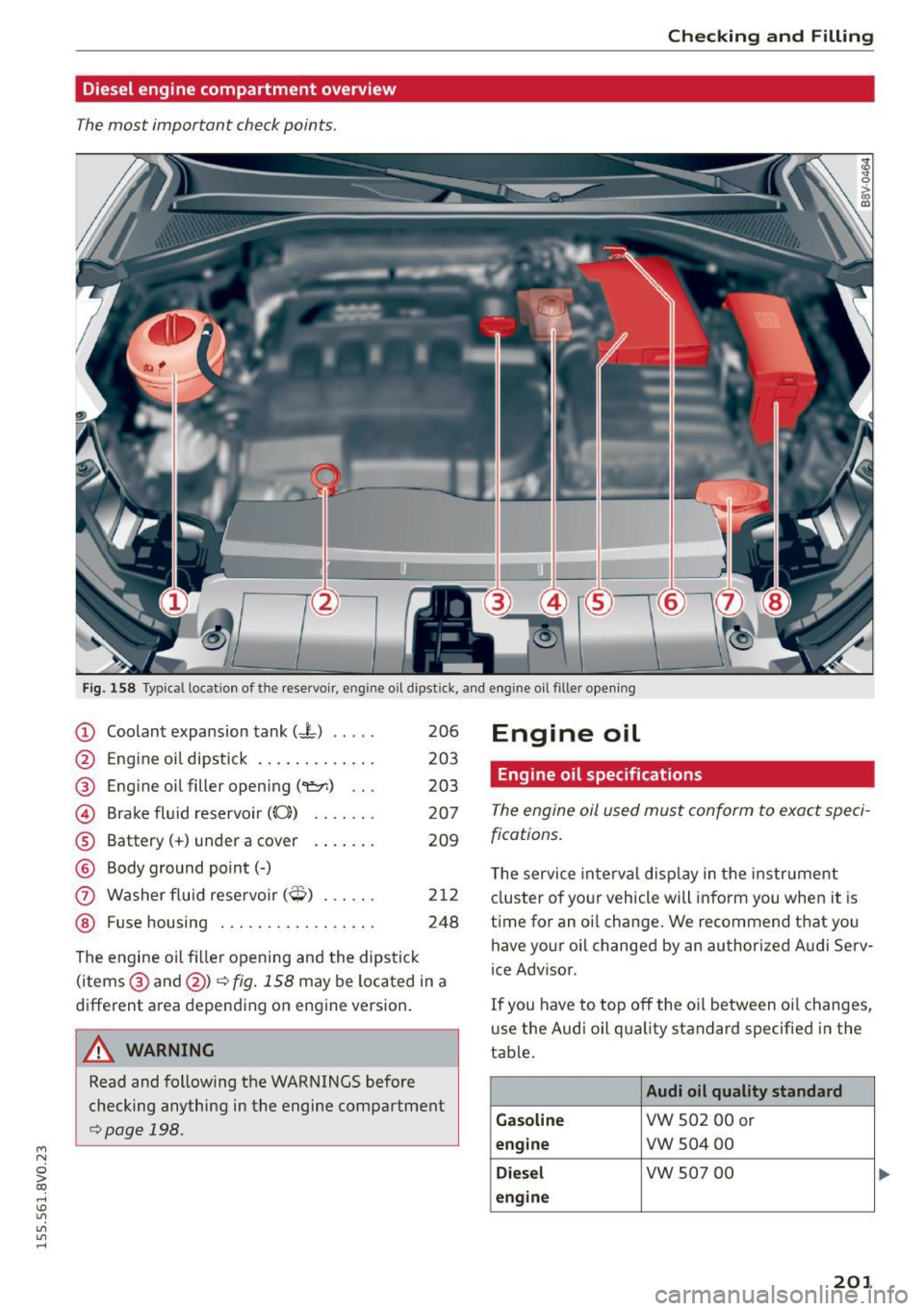 AUDI S3 SEDAN 2015  Owners Manual ...., 
N 
0 > co 
rl I.O 
" 
" 
" 
rl 
Checking and Filling 
Diesel  engine  compartment  overview 
The most  important  check points . 
Fig. 158 Typical locat ion  of  the  reservoi r, eng ine  oi