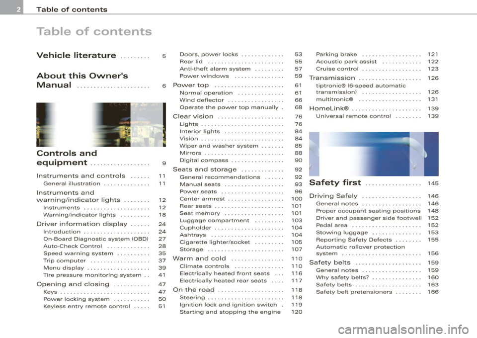 AUDI S4 CABRIOLET 2009  Owners Manual Table of contents 
Table  of  contents 
Vehicle  literature  ... ..... . 5  Doors,  power  locks  ..... ... ... .  .  53  Parking  brake  .  . . .  .  .  .  . .  .  .  .  .  .  .  .  .  . 121 
Rear  l