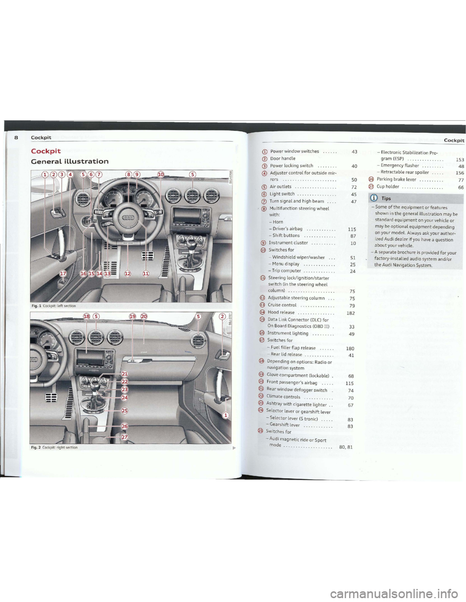 AUDI TT 2012  Owners Manual Downloaded from www.Manualslib.com manuals search engine __......n_
8Cockpit
Cockpit
GeneraLillustration
Fig.lCockpit:leftsection
Fig. 2Cockpit: rightsection
CDPowerwindowswitches
@Doorhandle
®Powerl