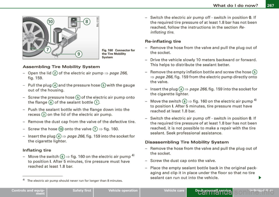 AUDI TT COUPE 2009  Owners Manual _____________________________________________ W.:..:..; h:..:.= a:.:t ..:.d=-= o:....:... I .::d :.:o :....:.. n:.:o::.. w.:...:.. ?:...___J­
Assembling  Tire  Mobility  System 
Fig . 160  Connector 