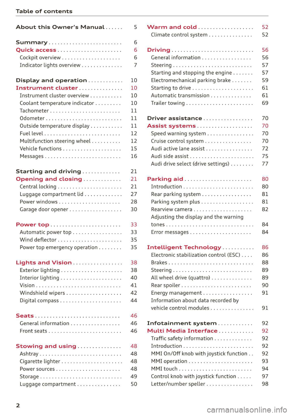 AUDI TT ROADSTER 2019  Owners Manual Table of contents 
  
About this Owner's Manual...... 
SUMIMALY: ; « ss6% : osen ss sean cs poe s 
QC CCeS Skis: si esis a  6 ores os ewe 
Cockpit overview.............-000005 
Indicator lights o