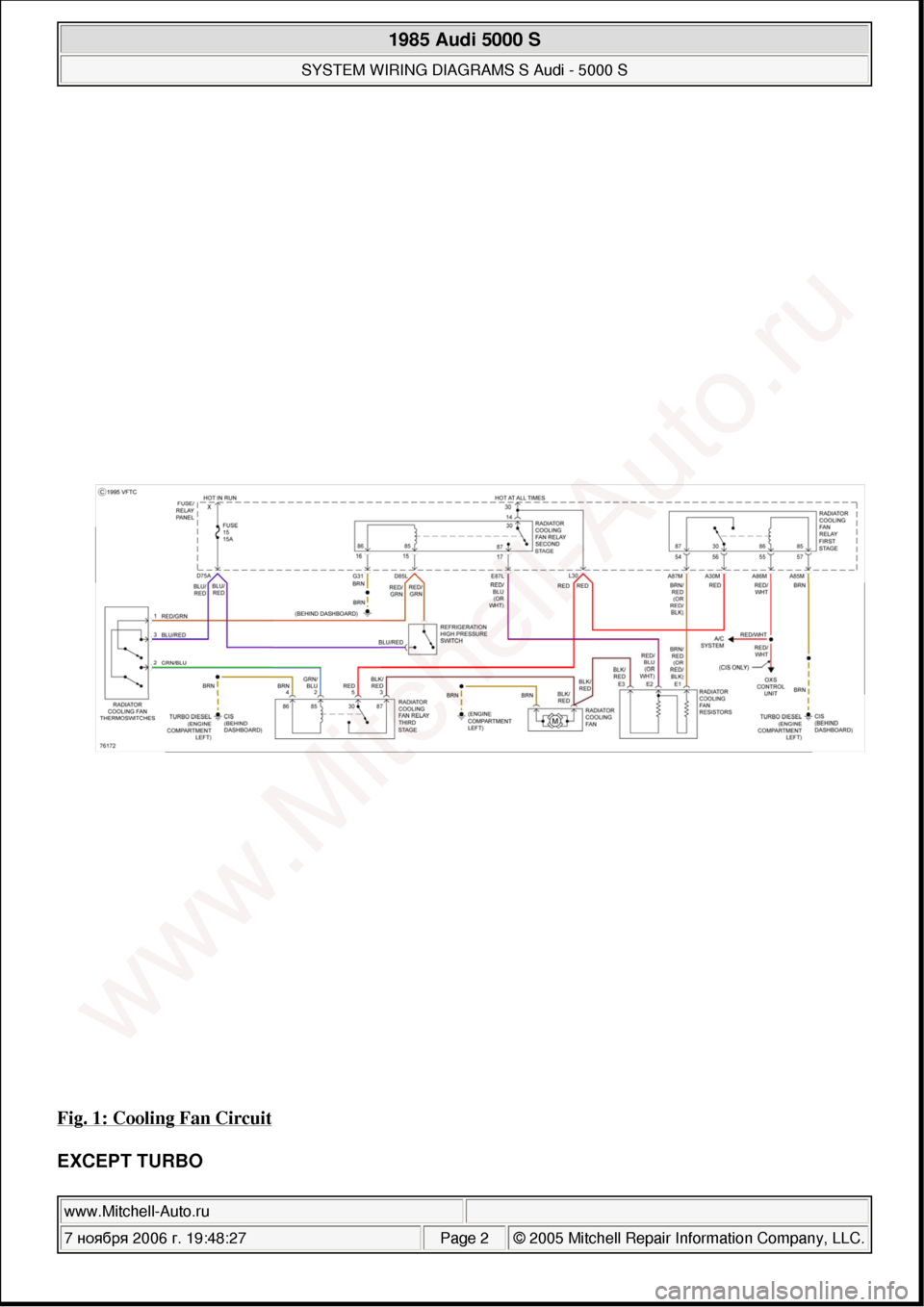 AUDI 5000S 1985 C2 System Wiring Diagram 
Fig. 1: Cooling Fan Circuit 
EXCEPT TURBO 
 
1985 Audi 5000 S 
SYSTEM WIRING DIAGRAMS S Audi - 5000 S  
www.Mitchell-Auto.ru  
7  ноября  2006 г. 19:48:27Page 2 © 2005 Mitchell Repair Informa