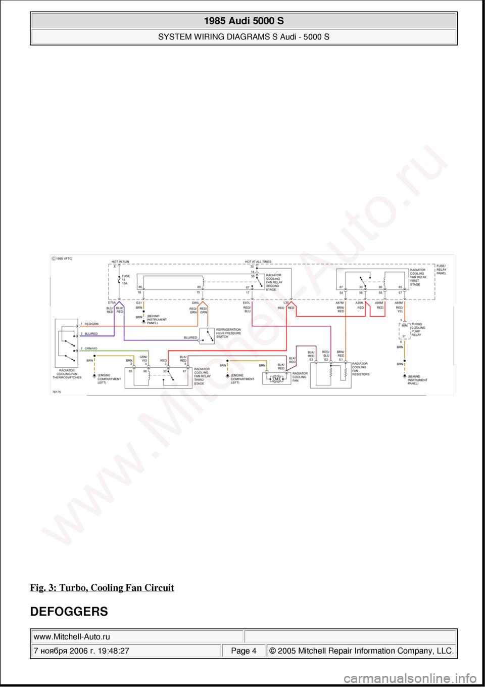 AUDI 5000S 1985 C2 System Wiring Diagram 
Fig. 3: Turbo, Cooling Fan Circuit 
DEFOGGERS 
 
1985 Audi 5000 S 
SYSTEM WIRING DIAGRAMS S Audi - 5000 S  
www.Mitchell-Auto.ru  
7 ноября  2006 г. 19:48:27Page 4 © 2005 Mitchell Repair Info