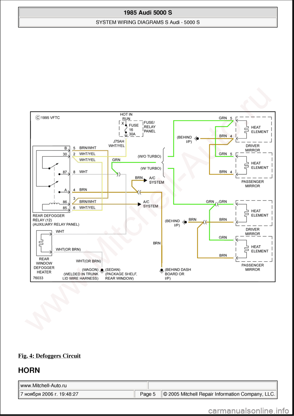 AUDI 5000S 1985 C2 System Wiring Diagram 
Fig. 4: Defoggers Circuit 
HORN 
 
1985 Audi 5000 S 
SYSTEM WIRING DIAGRAMS S Audi - 5000 S  
www.Mitchell-Auto.ru  
7 ноября  2006 г. 19:48:27Page 5 © 2005 Mitchell Repair Information Compan