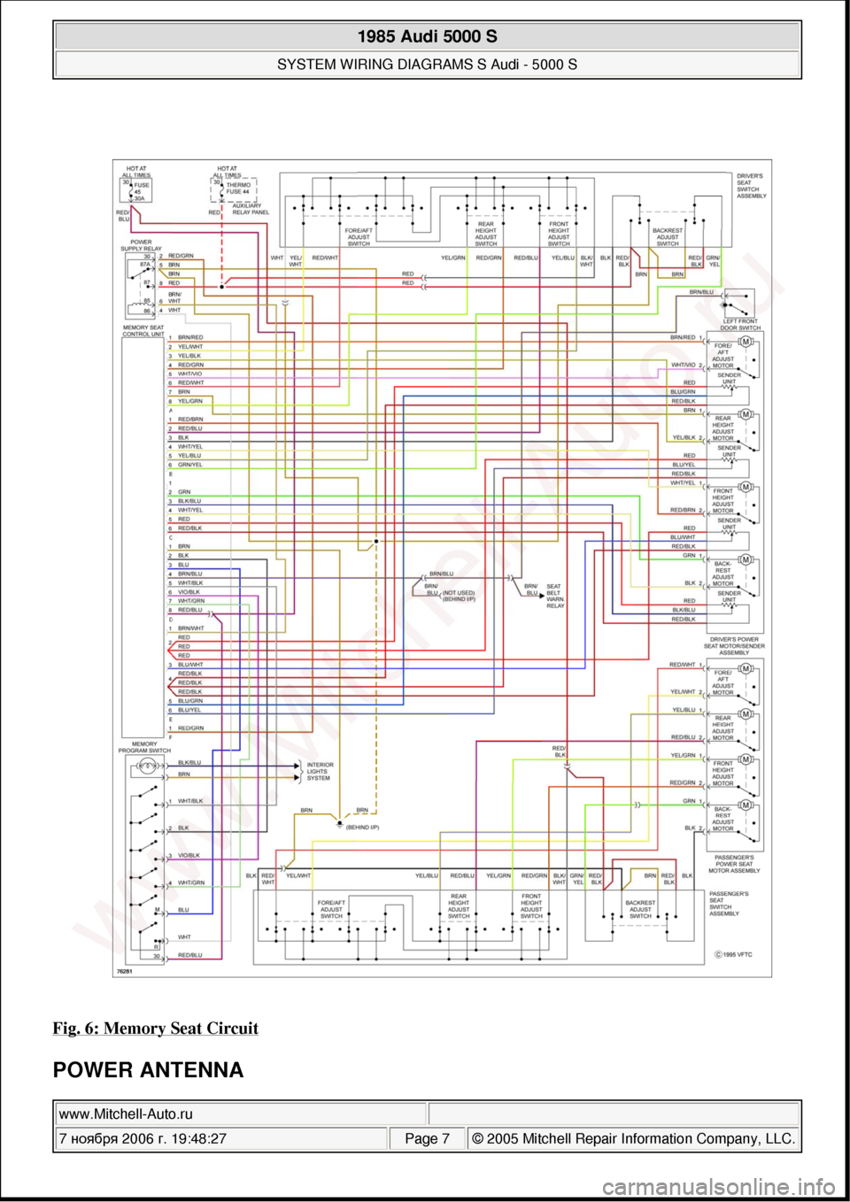 AUDI 5000S 1985 C2 System Wiring Diagram 
Fig. 6: Memory Seat Circuit 
POWER ANTENNA 
 
1985 Audi 5000 S 
SYSTEM WIRING DIAGRAMS S Audi - 5000 S  
www.Mitchell-Auto.ru  
7 ноября  2006 г. 19:48:27Page 7 © 2005 Mitchell Repair Informa
