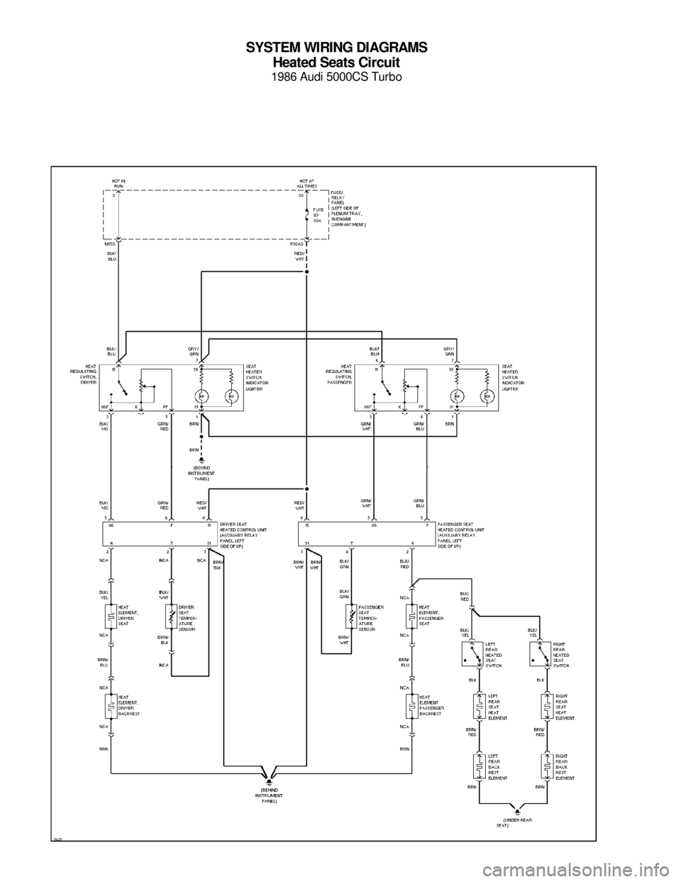 AUDI 5000CS 1986 C2 System Wiring Diagram SYSTEM WIRING DIAGRAMS
Heated Seats Circuit
1986 Audi 5000CS Turbo
For x    
Copyright © 1998 Mitchell Repair Information Company, LLCMonday, July 19, 2004  05:52PM 