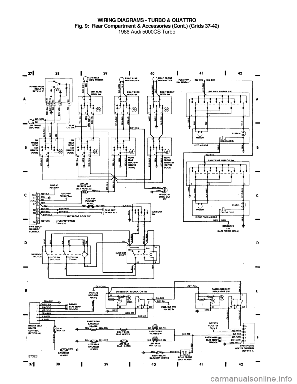 AUDI 5000CS 1986 C2 System Wiring Diagram WIRING DIAGRAMS - TURBO & QUATTRO
Fig. 9:  Rear Compartment & Accessories (Cont.) (Grids 37-42)
1986 Audi 5000CS Turbo
For x    
Copyright © 1998 Mitchell Repair Information Company, LLCMonday, July 