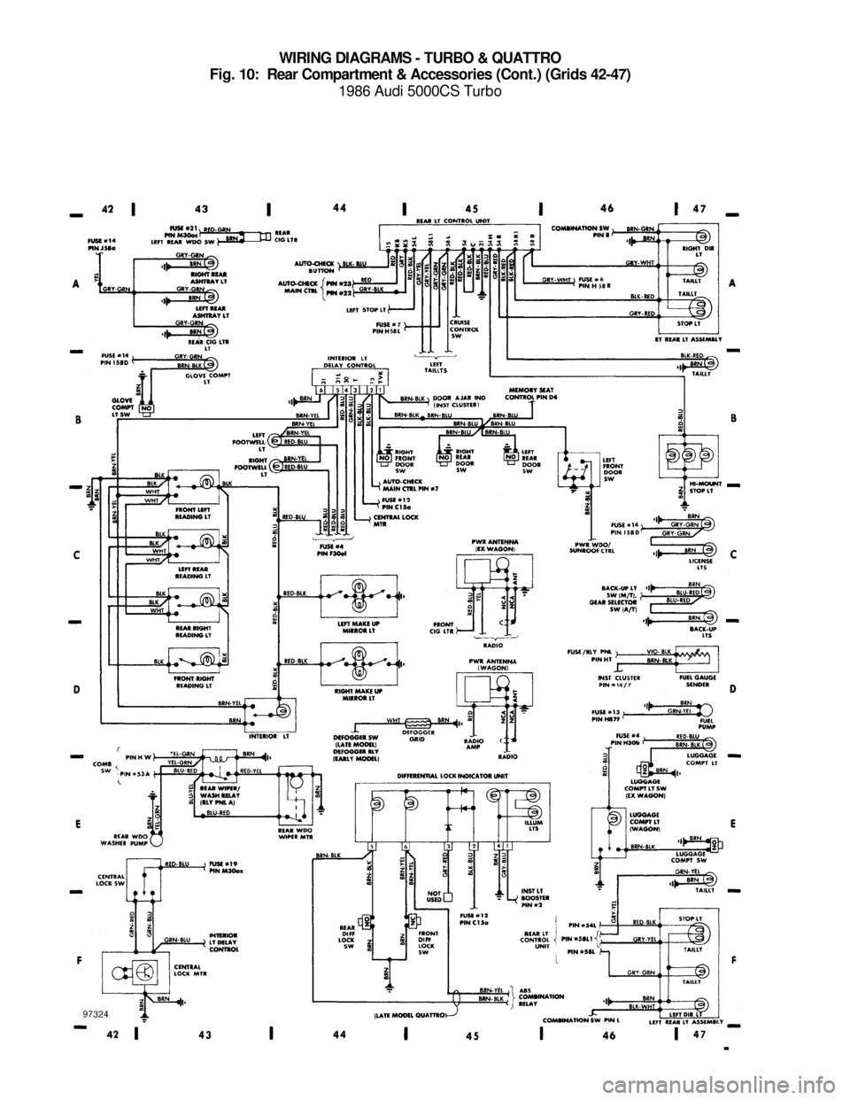 AUDI 5000CS 1986 C2 System Wiring Diagram WIRING DIAGRAMS - TURBO & QUATTRO
Fig. 10:  Rear Compartment & Accessories (Cont.) (Grids 42-47)
1986 Audi 5000CS Turbo
For x    
Copyright © 1998 Mitchell Repair Information Company, LLCMonday, July