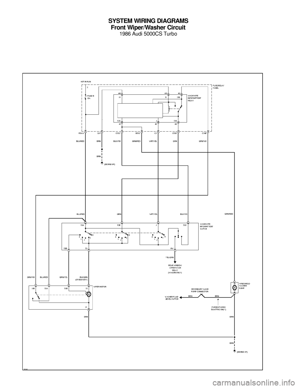 AUDI 5000CS 1986 C2 System Wiring Diagram SYSTEM WIRING DIAGRAMS
Front Wiper/Washer Circuit
1986 Audi 5000CS Turbo
For x    
Copyright © 1998 Mitchell Repair Information Company, LLCMonday, July 19, 2004  05:53PM 