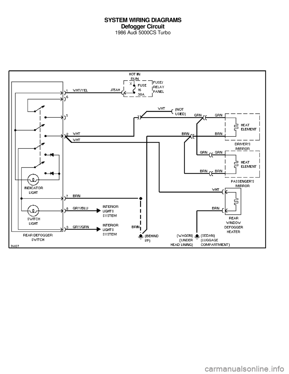 AUDI 5000CS 1986 C2 System Wiring Diagram SYSTEM WIRING DIAGRAMS
Defogger Circuit
1986 Audi 5000CS Turbo
For x    
Copyright © 1998 Mitchell Repair Information Company, LLCMonday, July 19, 2004  05:51PM 