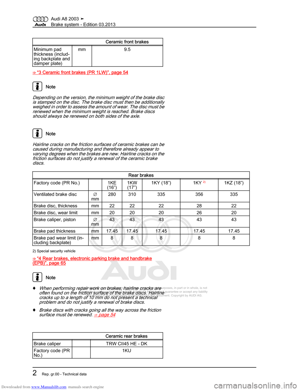 AUDI A8 2003 D3 / 2.G Brake System Workshop Manual Downloaded from www.Manualslib.com manuals search engine 
Protected by copyright. Copying for private or commercial purposes, in p\
art or in whole, is not 
 permitted unless authorised by AUDI AG. AU