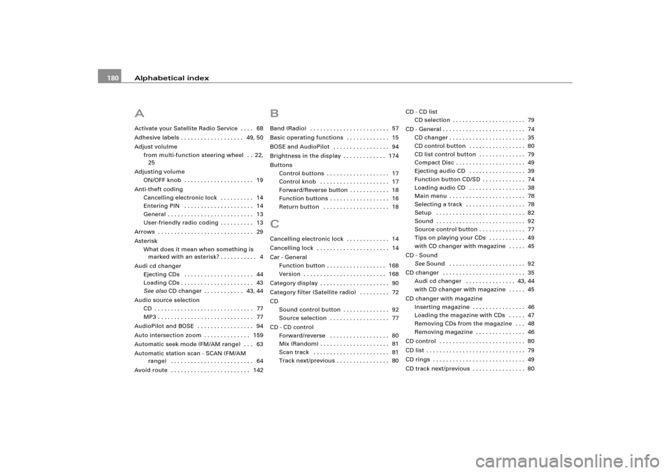 AUDI A4 2004 B6 / 2.G RNS_E Navigation System Manual Alphabetical index 180AActivate your Satellite Radio Service . . . .  68
Adhesive labels . . . . . . . . . . . . . . . . . . .  49, 50
Adjust volulme
from multi-function steering wheel  . . 22, 
25
Ad