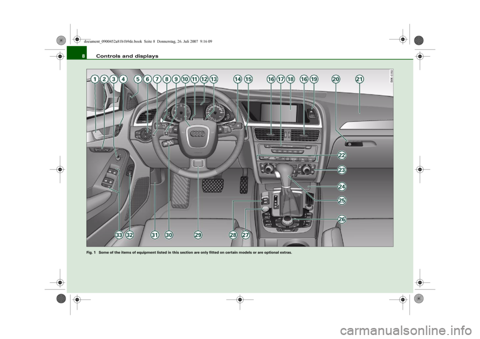 AUDI A4 2008 B8 / 4.G Owners Manual Controls and displays 8
Fig. 1  Some of the items of equipment listed in this section are only fitted on certain models or are optional extras.document_0900452a81b1b9de.book  Seite 8  Donnerstag, 26. 