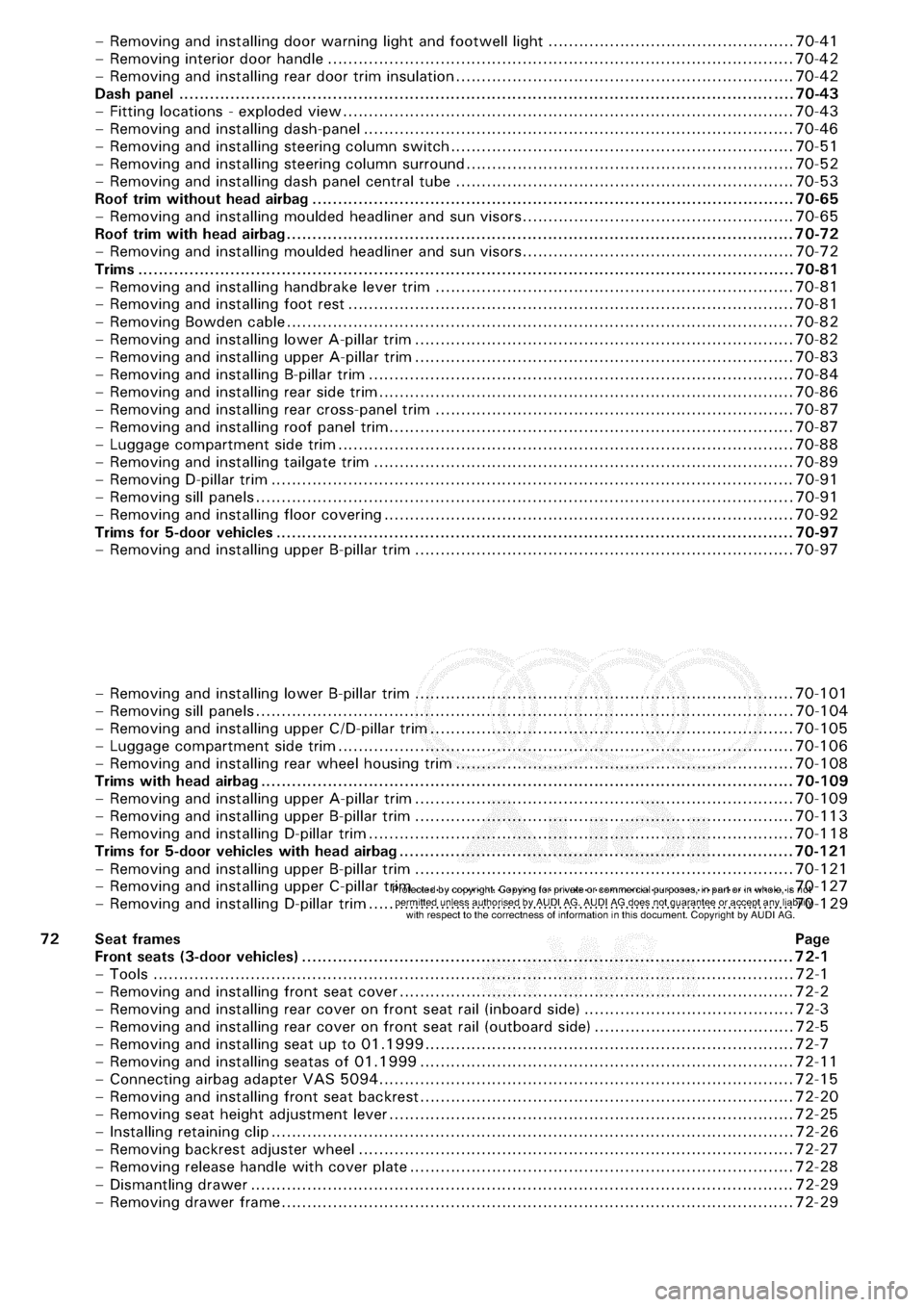 AUDI A3 1999 8L / 1.G General Body Assembly Interior Workshop Manual 