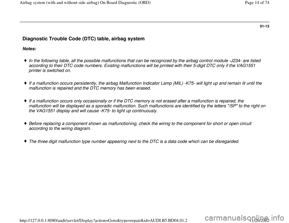 AUDI A4 1995 B5 / 1.G Airbag Service OBD User Guide 01-13
 Diagnostic Trouble Code (DTC) table, airbag system
 
Notes:  
 
In the following table, all the possible malfunctions that can be recognized by the airbag control module -J234- are listed 
acco