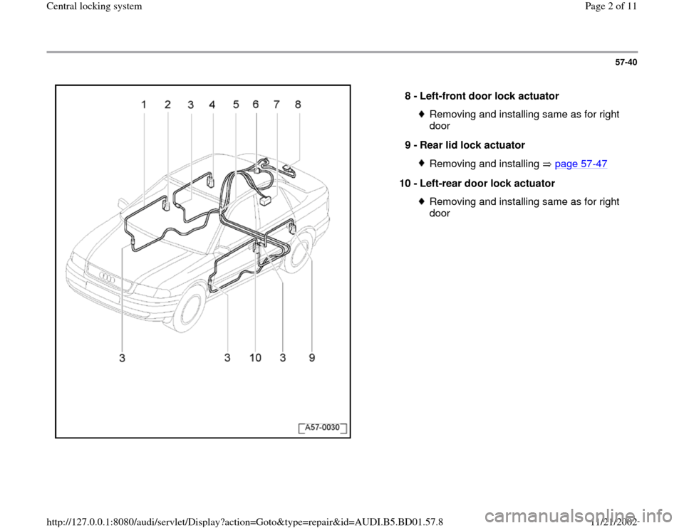 AUDI A4 2000 B5 / 1.G Central Locking System Workshop Manual 57-40
 
  
8 - 
Left-front door lock actuator 
Removing and installing same as for right 
door 
9 - 
Rear lid lock actuator Removing and installing   page 57
-47
10 - 
Left-rear door lock actuator 
Re