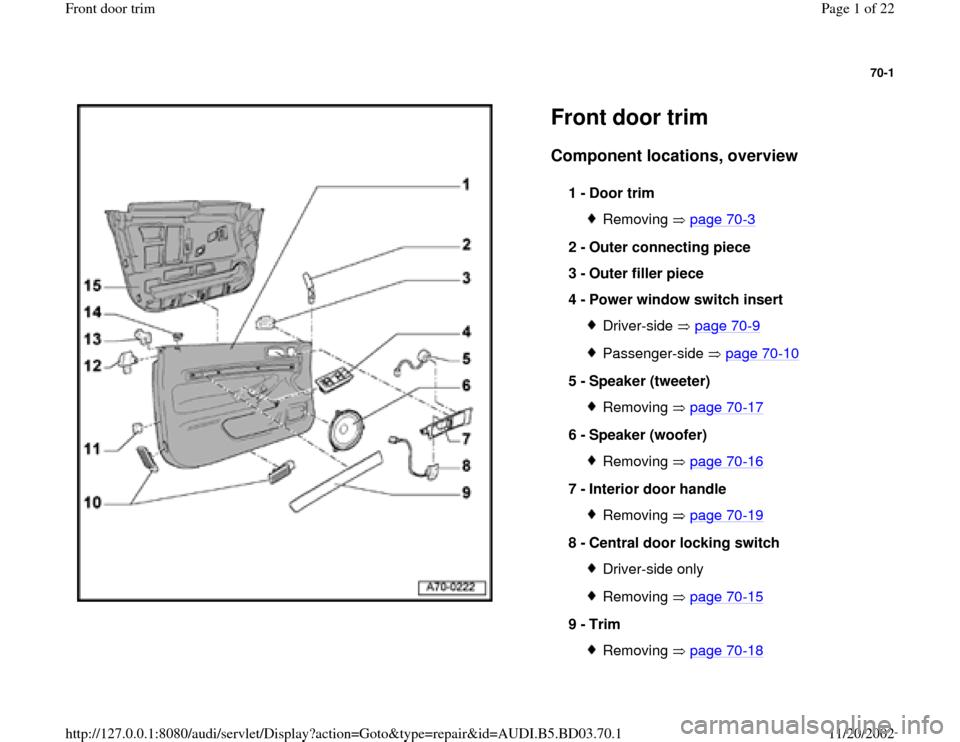 AUDI A4 1997 B5 / 1.G Front Door Trim Workshop Manual 70-1
 
  
Front door trim Component locations, overview
 
1 - 
Door trim 
Removing  page 70
-3
2 - 
Outer connecting piece 
3 - 
Outer filler piece 
4 - 
Power window switch insert 
Driver-side  page 