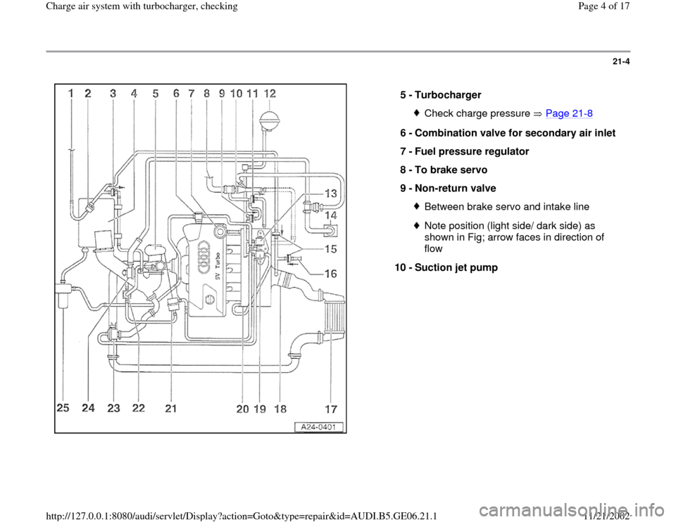 AUDI A4 1998 B5 / 1.G AWM Engine Charge Air Syst 21-4
 
  
5 - 
Turbocharger 
Check charge pressure   Page 21
-8
6 - 
Combination valve for secondary air inlet 
7 - 
Fuel pressure regulator 
8 - 
To brake servo 
9 - 
Non-return valve 
Between brake 