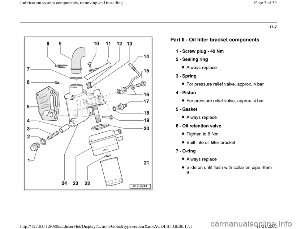 AUDI A4 1999 B5 / 1.G AWM Engine Lubrication System Components Workshop Manual 17-7
 
  
Part II - Oil filter bracket components
 
1 - 
Screw plug - 40 Nm 
2 - 
Sealing ring 
Always replace
3 - 
Spring For pressure relief valve, approx. 4 bar
4 - 
Piston For pressure relief valv