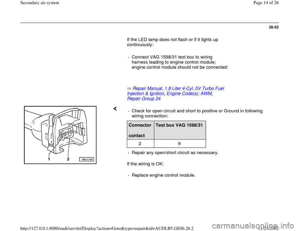 AUDI A4 1998 B5 / 1.G AWM Engine Secondary Air System Workshop Manual 26-53
       If the LED lamp does not flash or if it lights up 
continuously:  
     
-  Connect VAG 1598/31 test box to wiring 
harness leading to engine control module; 
engine control module should