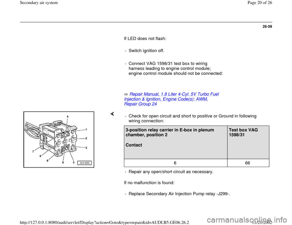 AUDI A4 1998 B5 / 1.G AWM Engine Secondary Air System Workshop Manual 26-59
       If LED does not flash:  
     
-  Switch ignition off.
     
-  Connect VAG 1598/31 test box to wiring 
harness leading to engine control module; 
engine control module should not be conn