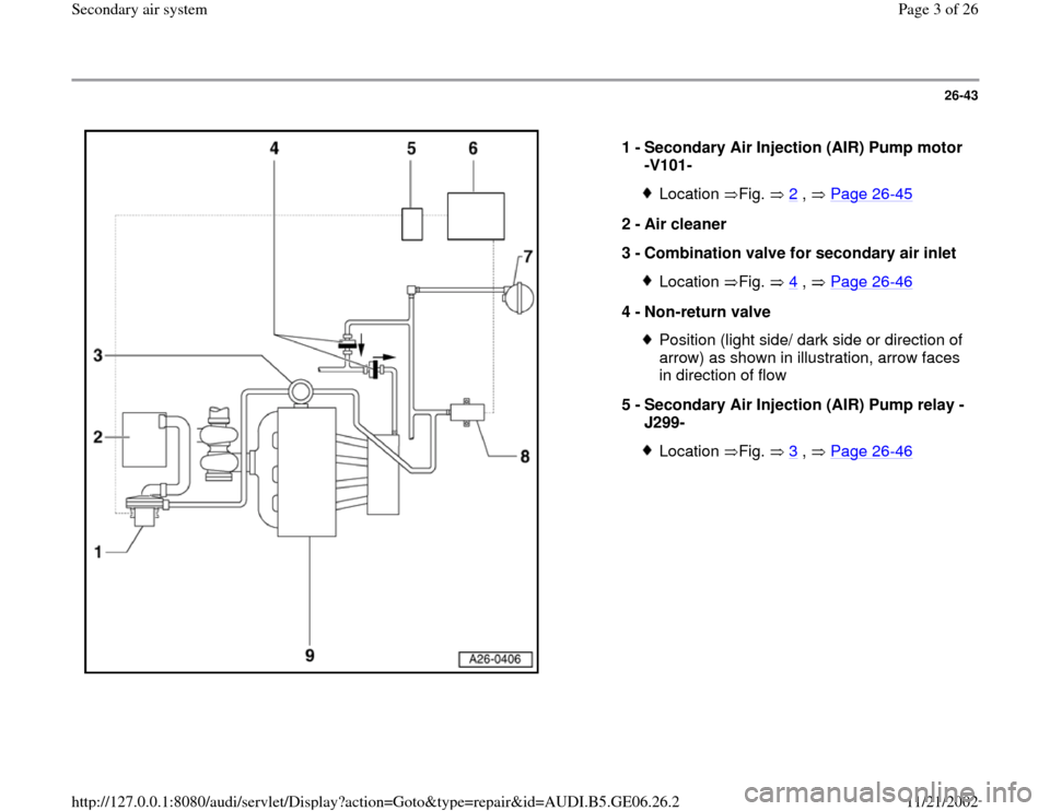 AUDI A4 1996 B5 / 1.G AWM Engine Secondary Air System Workshop Manual 26-43
 
  
1 - 
Secondary Air Injection (AIR) Pump motor 
-V101- 
Location Fig.  2
 ,   Page 26
-45
2 - 
Air cleaner 
3 - 
Combination valve for secondary air inlet 
Location Fig.  4
 ,   Page 26
-46
