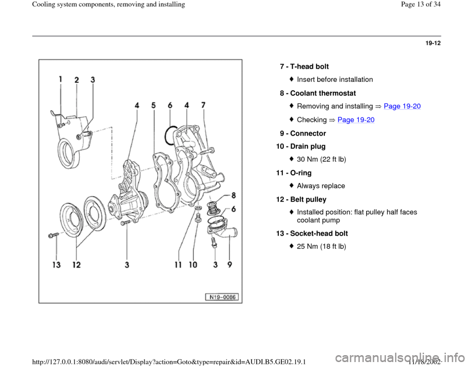 AUDI A3 1995 8L / 1.G AEB ATW Engines Cooling System Components Workshop Manual 19-12
 
  
7 - 
T-head bolt 
Insert before installation
8 - 
Coolant thermostat Removing and installing   Page 19
-20
Checking  Page 19
-20
9 - 
Connector 
10 - 
Drain plug 
30 Nm (22 ft lb)
11 - 
O-r
