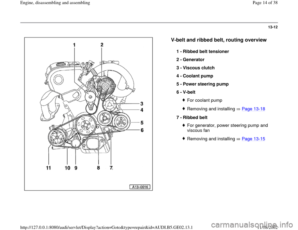 AUDI TT 1999 8N / 1.G AEB ATW Engines Engine Assembly Workshop Manual 13-12
 
  
V-belt and ribbed belt, routing overview
 
1 - 
Ribbed belt tensioner 
2 - 
Generator 
3 - 
Viscous clutch 
4 - 
Coolant pump 
5 - 
Power steering pump 
6 - 
V-belt 
For coolant pumpRemovin