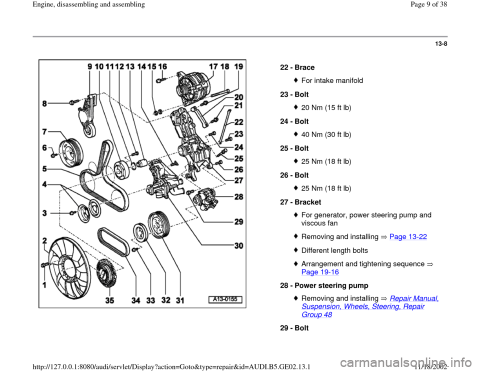 AUDI A3 1996 8L / 1.G AEB ATW Engines Engine Assembly Workshop Manual 13-8
 
  
22 - 
Brace 
For intake manifold
23 - 
Bolt 20 Nm (15 ft lb)
24 - 
Bolt 40 Nm (30 ft lb)
25 - 
Bolt 25 Nm (18 ft lb)
26 - 
Bolt 25 Nm (18 ft lb)
27 - 
Bracket For generator, power steering p