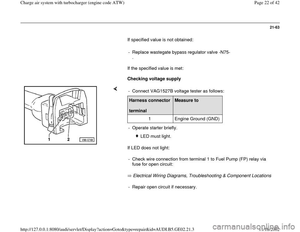 AUDI A3 1999 8L / 1.G AEB ATW Engines Charge Air System With Turbocharger Workshop Manual 21-63
       If specified value is not obtained:  
     
-  Replace wastegate bypass regulator valve -N75-
. 
      If the specified value is met:  
     
Checking voltage supply  
    
If LED does no