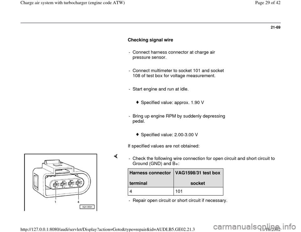 AUDI A3 1998 8L / 1.G AEB ATW Engines Charge Air System With Turbocharger Workshop Manual 21-69
      
Checking signal wire  
     
-  Connect harness connector at charge air 
pressure sensor. 
     
-  Connect multimeter to socket 101 and socket 
108 of test box for voltage measurement. 
