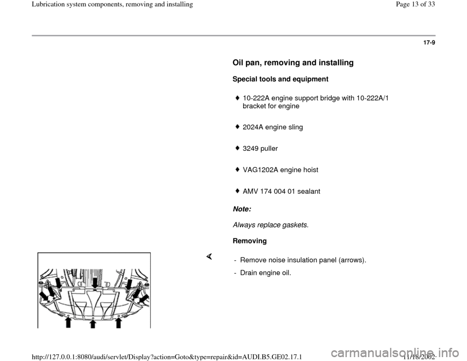 AUDI TT 1999 8N / 1.G AEB ATW Engines Lubrication System Components User Guide 17-9
      
Oil pan, removing and installing
 
     
Special tools and equipment  
     
10-222A engine support bridge with 10-222A/1 
bracket for engine 
     2024A engine sling
     3249 puller 
   