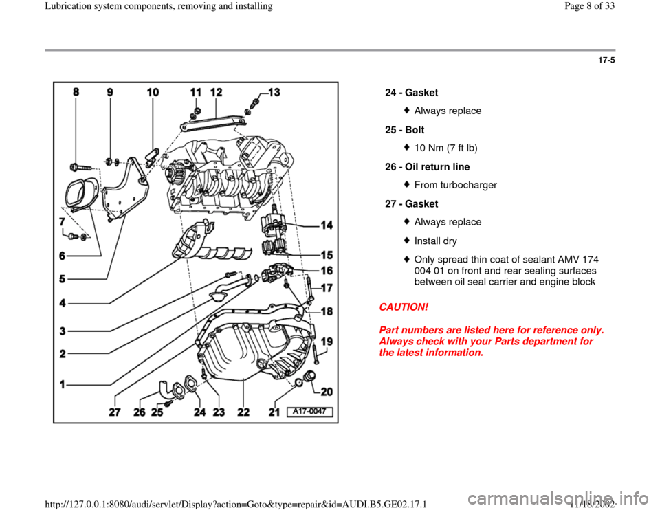 AUDI TT 1999 8N / 1.G AEB ATW Engines Lubrication System Components Workshop Manual 17-5
 
  
CAUTION! 
Part numbers are listed here for reference only. 
Always check with your Parts department for 
the latest information.  24 - 
Gasket 
Always replace
25 - 
Bolt 10 Nm (7 ft lb)
26 -