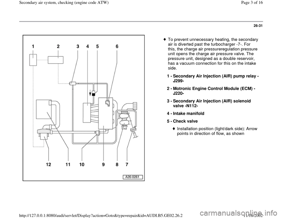 AUDI A3 1997 8L / 1.G AEB ATW Engines Secondary Air System Workshop Manual 26-31
 
  
 
To prevent unnecessary heating, the secondary 
air is diverted past the turbocharger -7-. For 
this, the charge air pressureregulation pressure 
unit opens the charge air pressure valve. 
