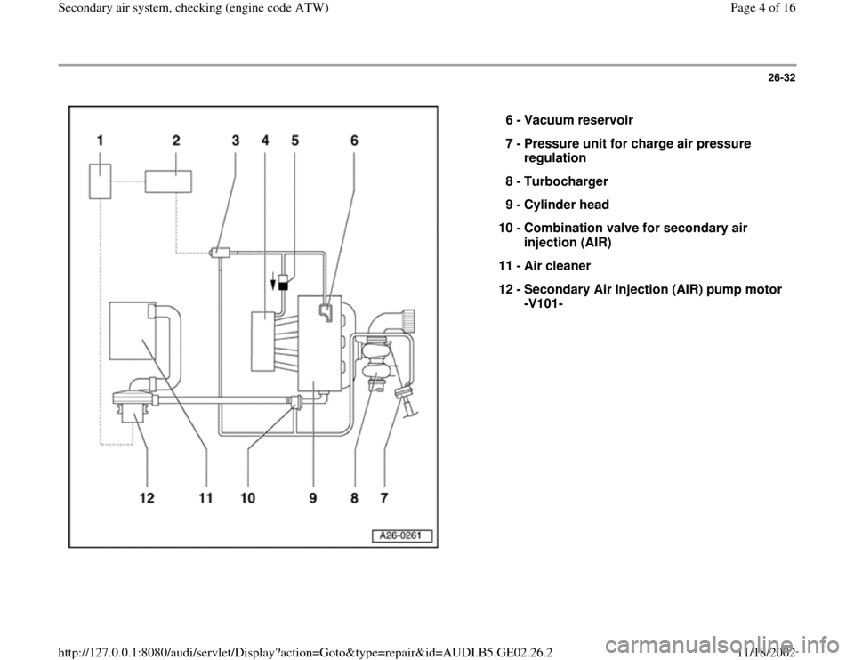 AUDI A3 1995 8L / 1.G AEB ATW Engines Secondary Air System Workshop Manual 26-32
 
  
6 - 
Vacuum reservoir 
7 - 
Pressure unit for charge air pressure 
regulation 
8 - 
Turbocharger 
9 - 
Cylinder head 
10 - 
Combination valve for secondary air 
injection (AIR) 
11 - 
Air c