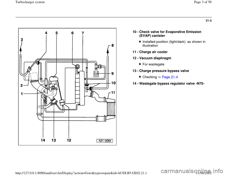 AUDI A6 1997 C5 / 2.G AEB ATW Engines Turbocharger System Workshop Manual 21-3
 
  
10 - 
Check valve for Evaporative Emission 
(EVAP) canister 
Installed position (light/dark): as shown in 
illustration 
11 - 
Charge air cooler 
12 - 
Vacuum diaphragm For wastegate
13 - 
C