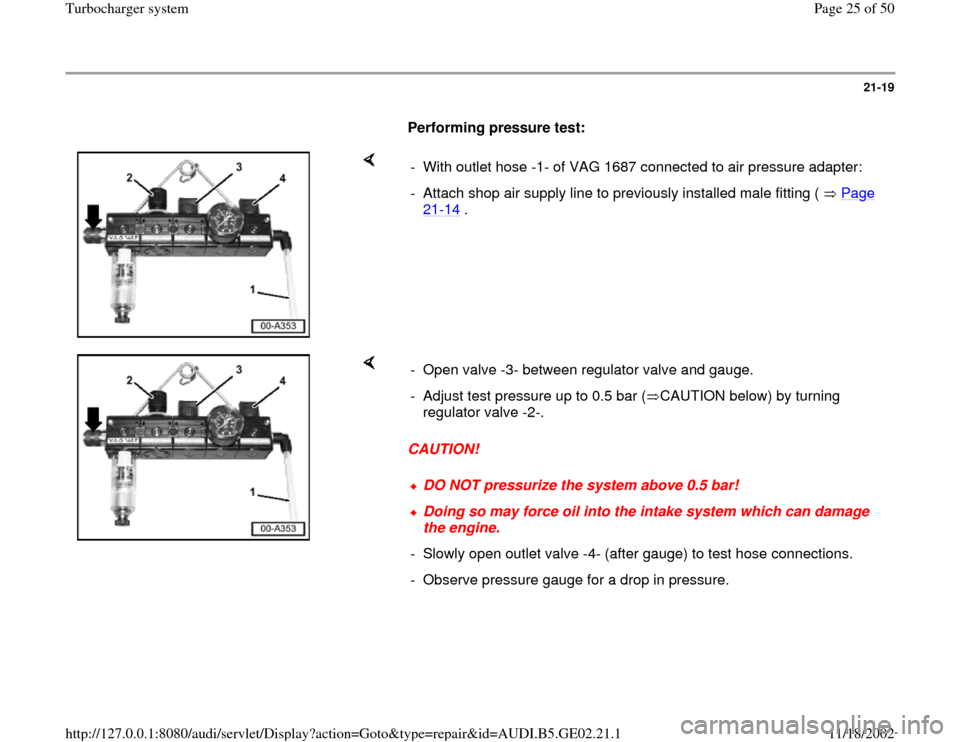 AUDI A3 2000 8L / 1.G AEB ATW Engines Turbocharger System Workshop Manual 21-19
      
Performing pressure test:  
    
-  With outlet hose -1- of VAG 1687 connected to air pressure adapter:
-  Attach shop air supply line to previously installed male fitting (   Page 
21
-1