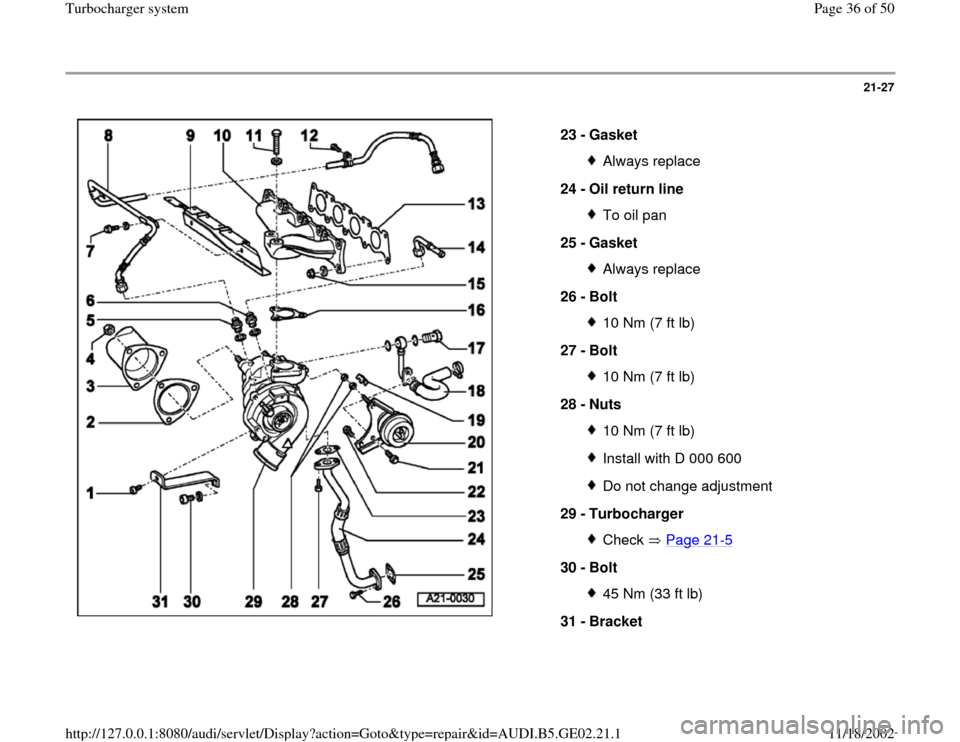 AUDI TT 1999 8N / 1.G AEB ATW Engines Turbocharger System Workshop Manual 21-27
 
  
23 - 
Gasket 
Always replace
24 - 
Oil return line To oil pan
25 - 
Gasket Always replace
26 - 
Bolt 10 Nm (7 ft lb)
27 - 
Bolt 10 Nm (7 ft lb)
28 - 
Nuts 10 Nm (7 ft lb)Install with D 000 