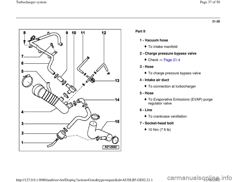 AUDI A3 1997 8L / 1.G AEB ATW Engines Turbocharger System Owners Guide 21-28
 
  
Part II  
1 - 
Vacuum hose 
To intake manifold
2 - 
Charge pressure bypass valve Check  Page 21
-4
3 - 
Hose 
To charge pressure bypass valve
4 - 
Intake air duct To connection at turbochar