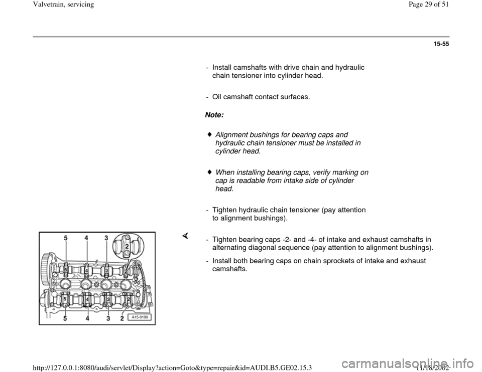 AUDI A3 1996 8L / 1.G AEB ATW Engines Valvetrain Servicing Owners Manual 15-55
      
-  Install camshafts with drive chain and hydraulic 
chain tensioner into cylinder head. 
     
-  Oil camshaft contact surfaces.
     
Note:  
     
Alignment bushings for bearing caps a