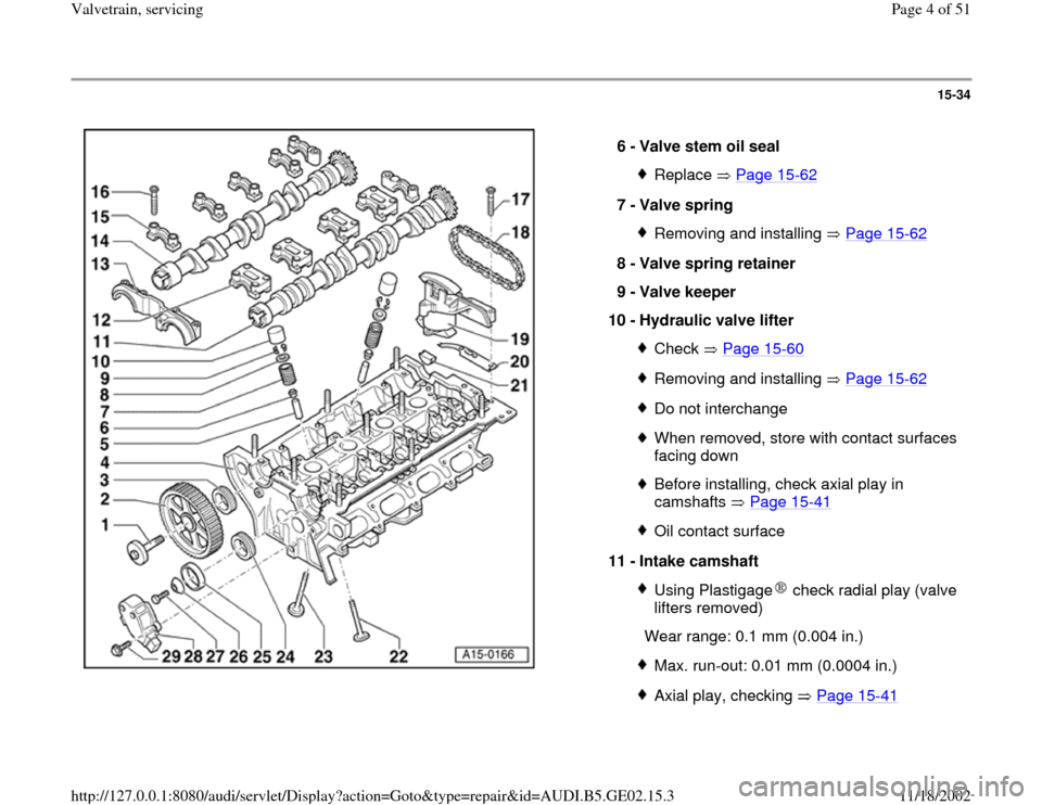 AUDI TT 2000 8N / 1.G AEB ATW Engines Valvetrain Servicing Workshop Manual 15-34
 
  
6 - 
Valve stem oil seal 
Replace  Page 15
-62
7 - 
Valve spring 
Removing and installing   Page 15
-62
8 - 
Valve spring retainer 
9 - 
Valve keeper 
10 - 
Hydraulic valve lifter 
Check  P