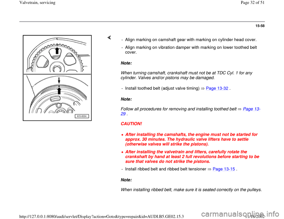 AUDI A3 1996 8L / 1.G AEB ATW Engines Valvetrain Servicing Workshop Manual 15-58
 
    
Note:  
When turning camshaft, crankshaft must not be at TDC Cyl. 1 for any 
cylinder. Valves and/or pistons may be damaged. 
Note:  
Follow all procedures for removing and installing too