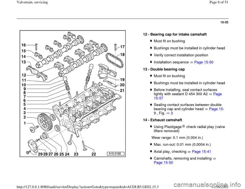 AUDI A3 1998 8L / 1.G AEB ATW Engines Valvetrain Servicing Workshop Manual 15-35
 
  
12 - 
Bearing cap for intake camshaft 
Must fit on bushingBushings must be installed in cylinder headVerify correct installation positionInstallation sequence   Page 15
-50
13 - 
Double bea