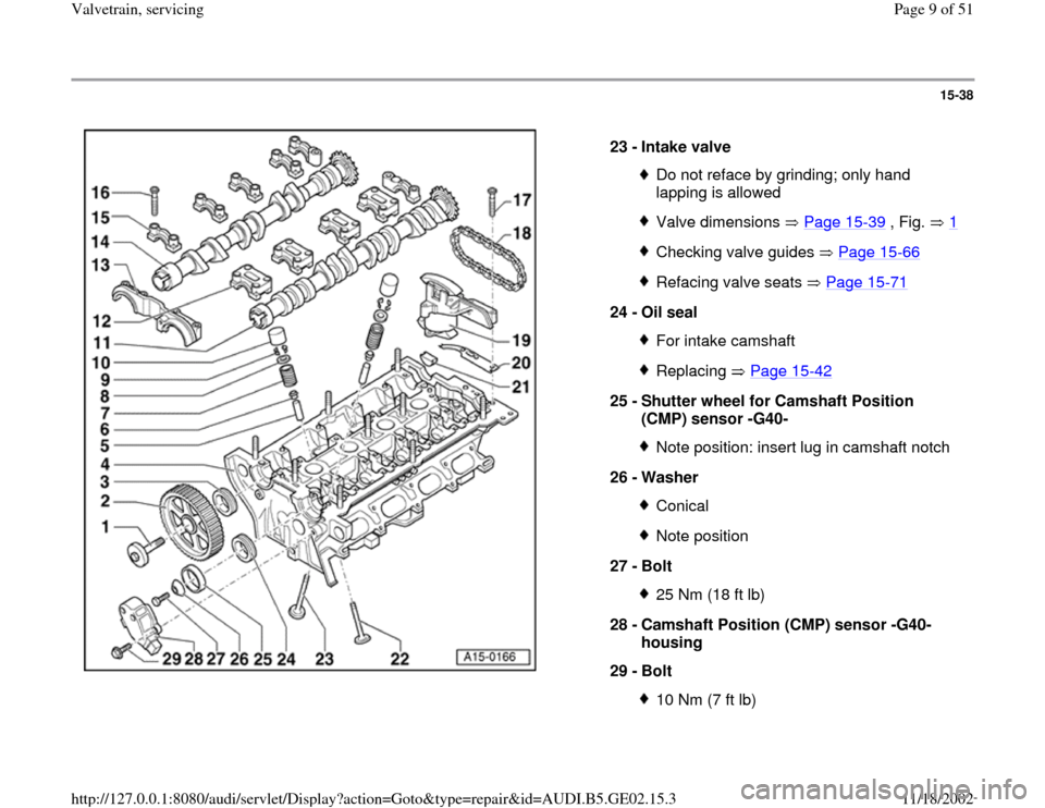 AUDI TT 2000 8N / 1.G AEB ATW Engines Valvetrain Servicing Workshop Manual 15-38
 
  
23 - 
Intake valve 
Do not reface by grinding; only hand 
lapping is allowed Valve dimensions   Page 15
-39
 , Fig.   1
Checking valve guides   Page 15
-66
Refacing valve seats   Page 15
-7