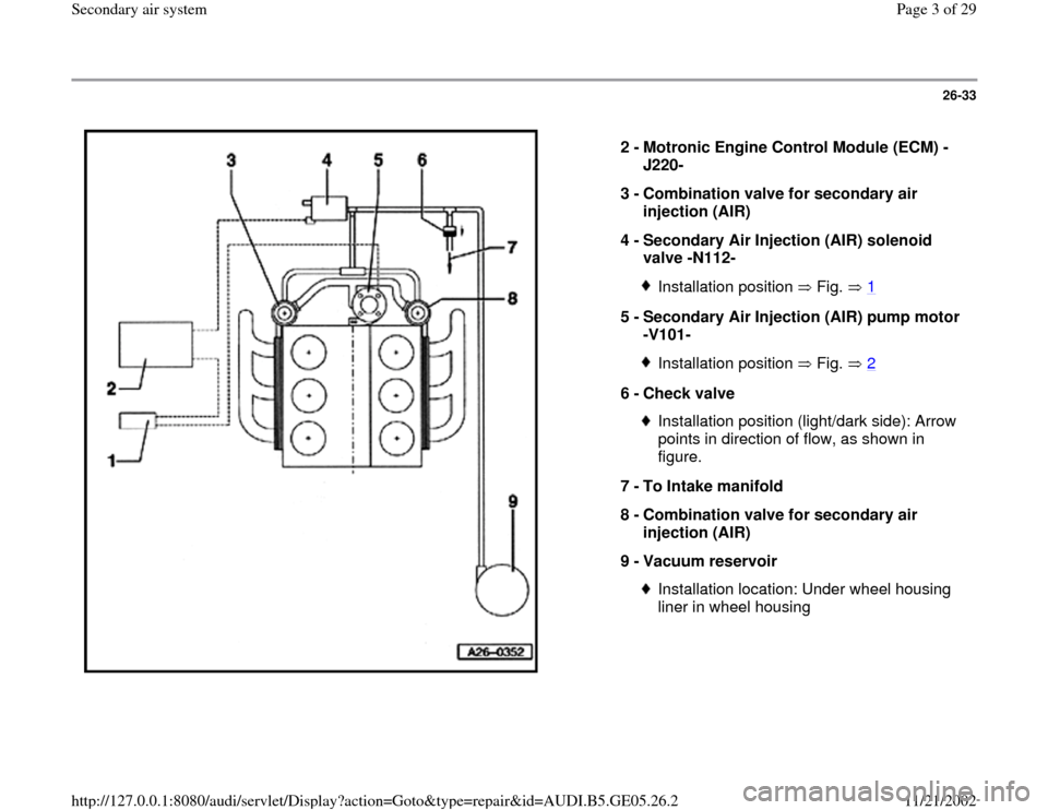 AUDI A4 1999 B5 / 1.G APB Engine Secondary Air System Workshop Manual 26-33
 
  
2 - 
Motronic Engine Control Module (ECM) -
J220- 
3 - 
Combination valve for secondary air 
injection (AIR) 
4 - 
Secondary Air Injection (AIR) solenoid 
valve -N112- 
Installation positio