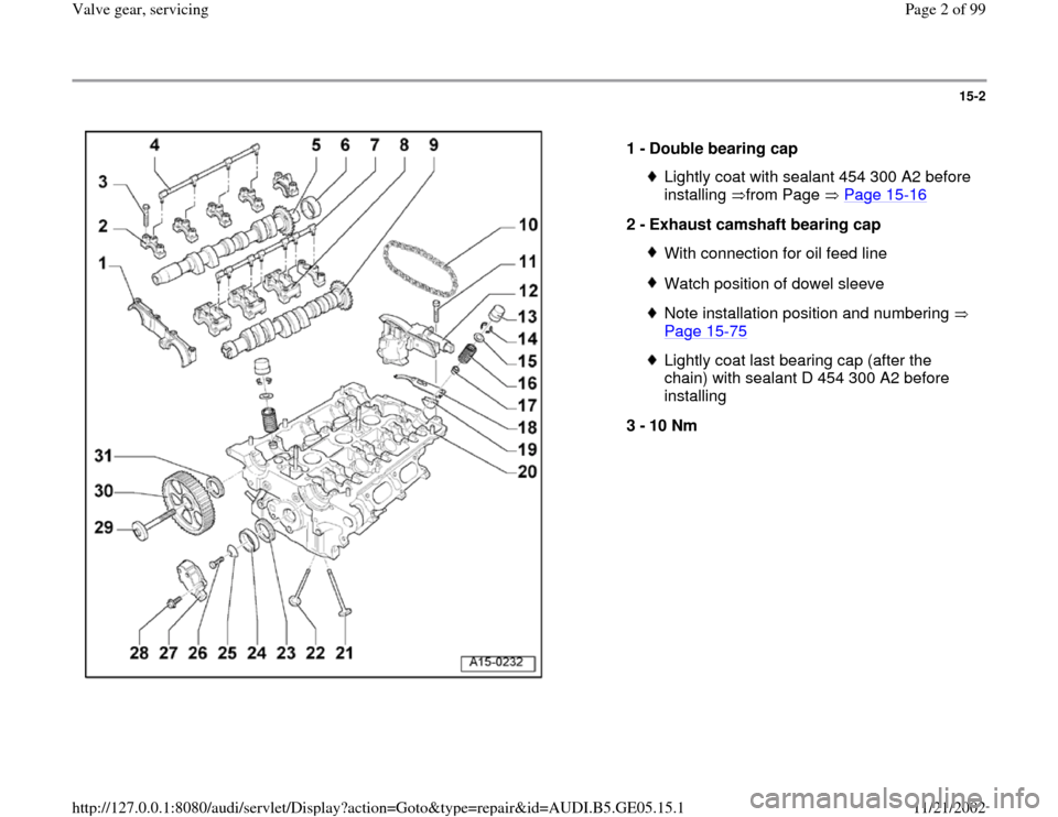 AUDI A4 1998 B5 / 1.G APB Engine Valve Gear Service Workshop Manual 15-2
 
  
1 - 
Double bearing cap 
Lightly coat with sealant 454 300 A2 before 
installing from Page  Page 15
-16
 
2 - 
Exhaust camshaft bearing cap 
With connection for oil feed lineWatch position o