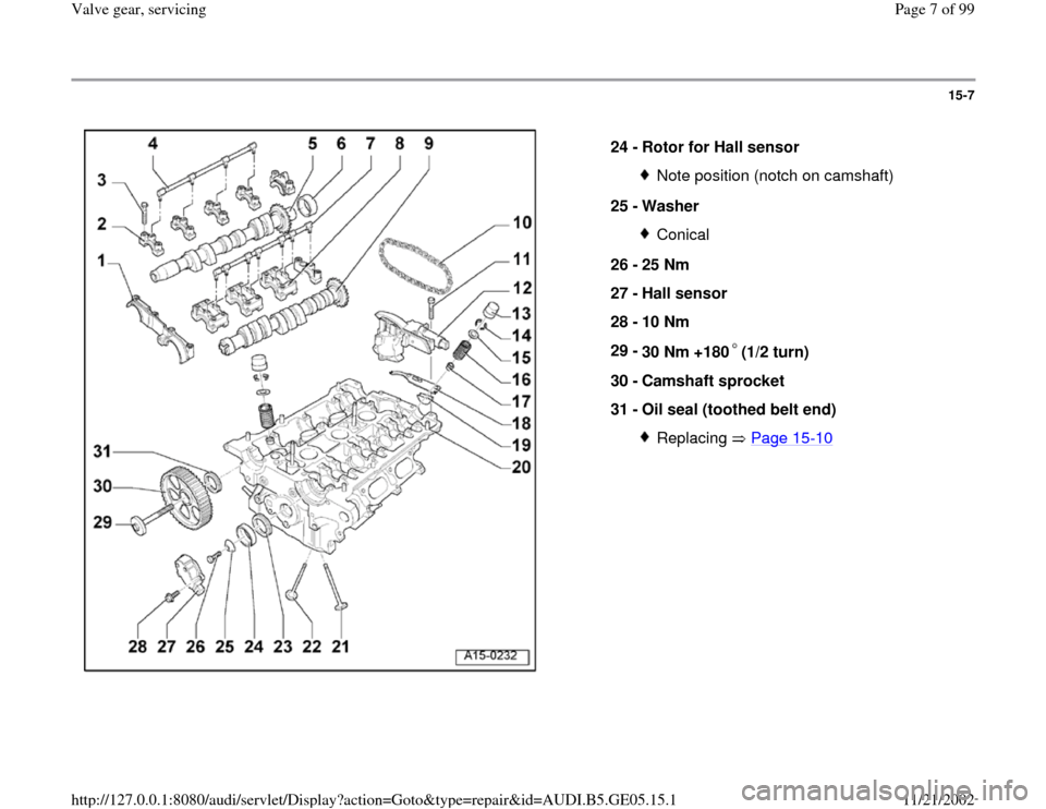 AUDI A4 1998 B5 / 1.G APB Engine Valve Gear Service Workshop Manual 15-7
 
  
24 - 
Rotor for Hall sensor 
Note position (notch on camshaft)
25 - 
Washer Conical
26 - 
25 Nm 
27 - 
Hall sensor 
28 - 
10 Nm 
29 - 
30 Nm +180 (1/2 turn) 
30 - 
Camshaft sprocket 
31 - 
O